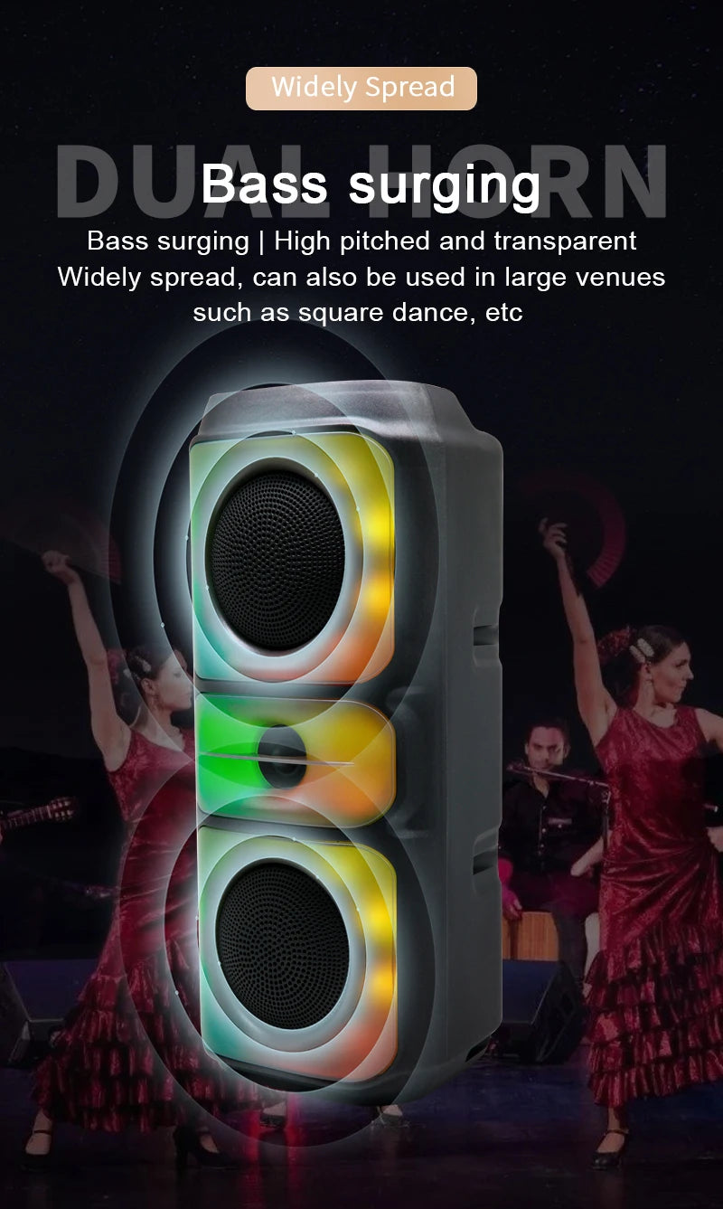 Altavoz Bluetooth para exteriores de gran tamaño, con subwoofer RGB, karaoke, doble bocina, columna inalámbrica portátil, sonido de graves, compatible con FM/TF