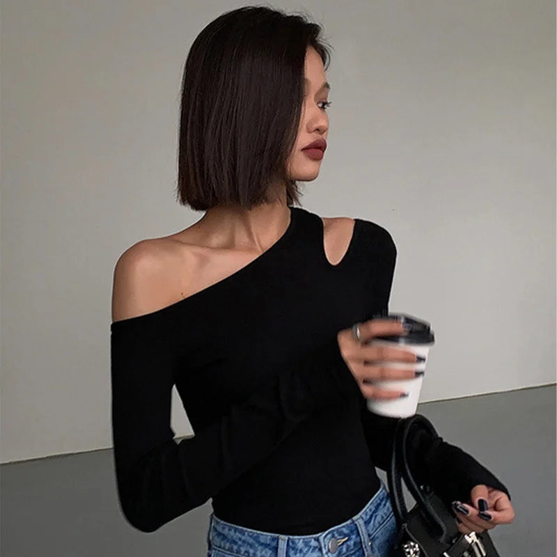 Fashion Skew Collar Off-shoulder Long-sleeved T-shirts Women Spring 2025 New Solid Slim Fit Crop Top Sexy Hollow Out Tees Shirts - Lootquake