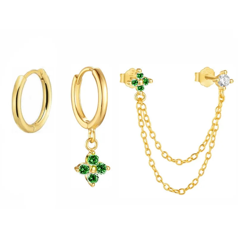 3PCS New Fashion Four Zircon Flower Hoop Earring Set For Women Stainless Steel Double Stud Chain Tassel Huggie Piercing Jewelry - Lootquake