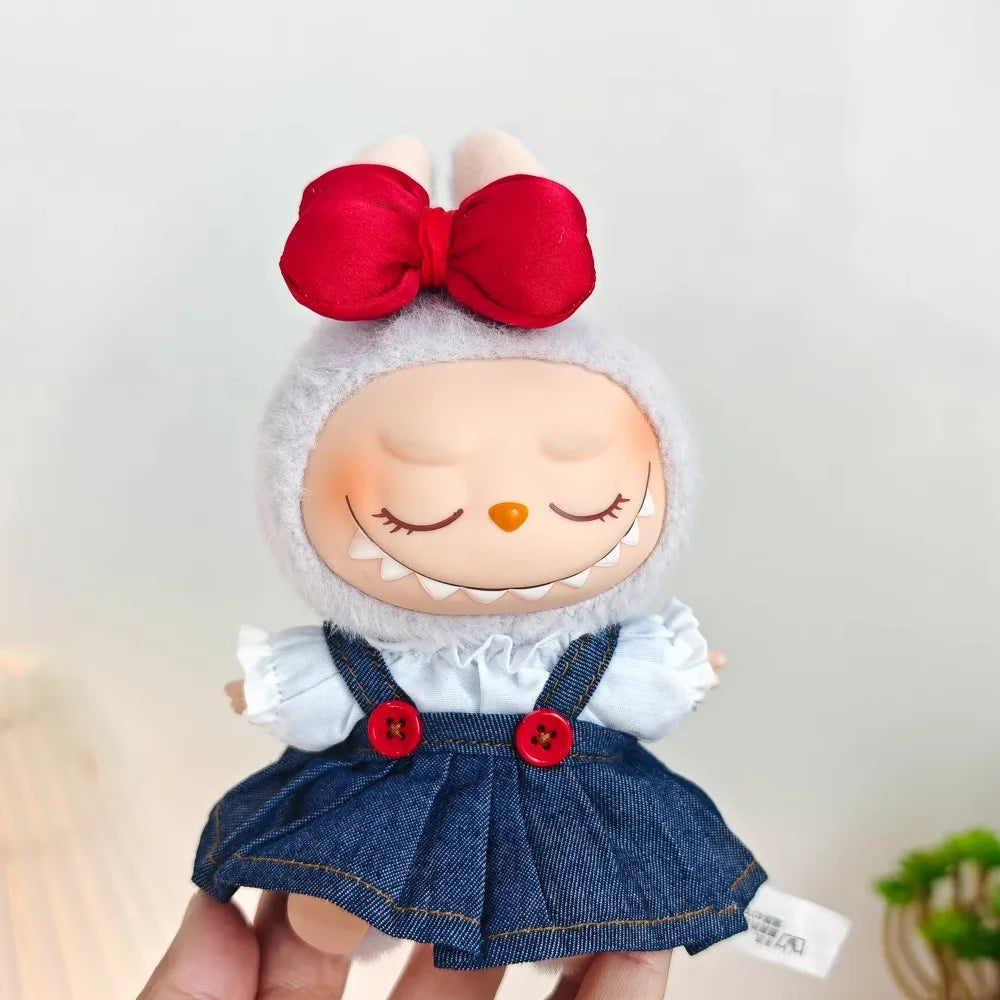 Labubu Doll Clothes & Accessories Denim Skirt With Red Bow Headband Set Trendy Outfits for Labubu Collectibles - Lootquake