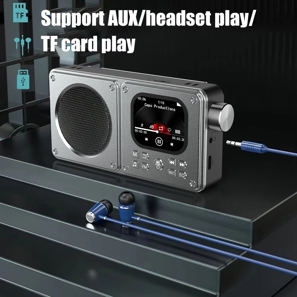 Altavoces inalámbricos Bluetooth 5.4 de 87,5-108 MHz, radio FM portátil para exteriores, reproductor de música MP3, compatible con auriculares, tarjeta TF, reloj con vídeo.