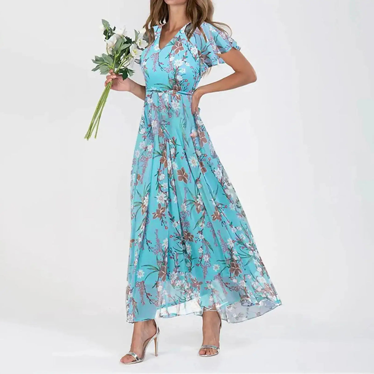 Vestidos Verano Moda 2024 Women's Swing Long Dress Chiffon Floral Short Sleeve Ruffle V Neck Fashion Waist Flowy Dress платье - Lootquake