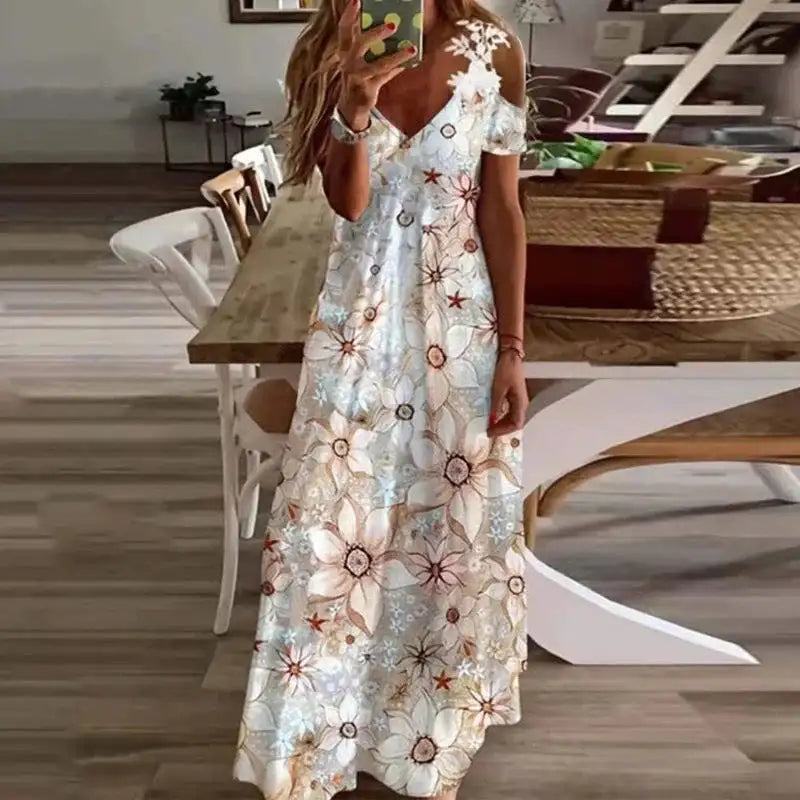 Women's Printed White Lace Sleeveless Suspender Dress Summer Fashion Casual Long Dress - Lootquake