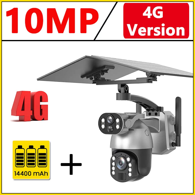 Caméra solaire 10 MP, zoom x50, double objectif, 4G, SIM, WIFI, surveillance extérieure, PTZ, détection humaine, enregistrement, vision nocturne