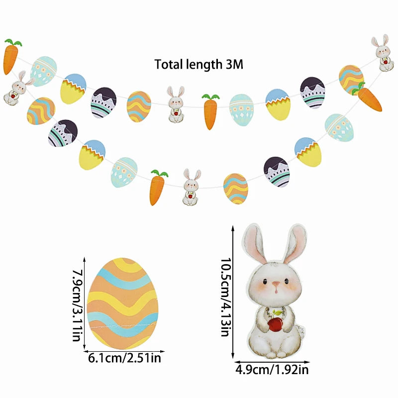 3M Happy Easter Banner Rabbit Carrot Egg Cartoon Bunny Garland Wall Hanging Bunting Flag Easter Party Decoration For Home - Lootquake