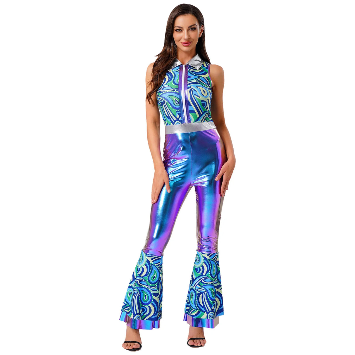 Womens Halloween Retro Hippie Cosplay Costume Party Hip-hop Dance Costume Metallic Shiny Vintage Carnival Bodysuit Jumpsuit