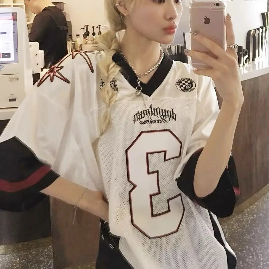 Silver 2024 New Summer Retro Number 3 Jersey for Women Street Contrasting Patchwork Mesh V-neck Oversize Short Sleeved T-shirt - Lootquake