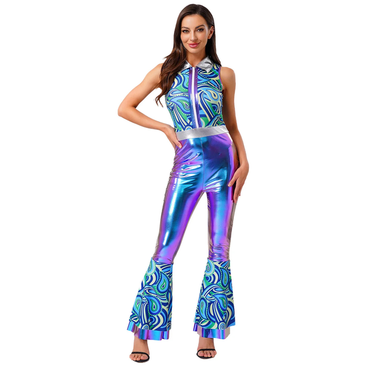 Womens Halloween Retro Hippie Cosplay Costume Party Hip-hop Dance Costume Metallic Shiny Vintage Carnival Bodysuit Jumpsuit