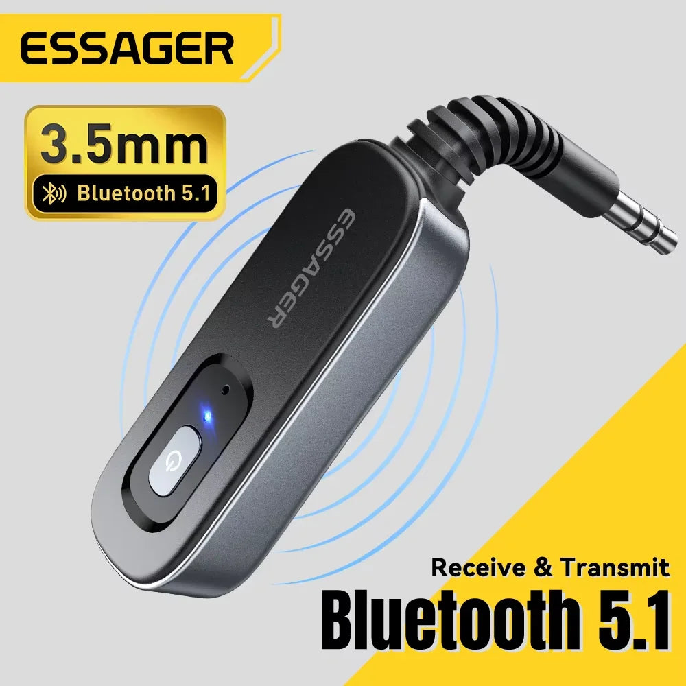 Receptor y transmisor de audio Essager Bluetooth 5.1 de 3,5 mm con entrada auxiliar de 3,5 mm y micrófono, adaptador inalámbrico para música estéreo, PC, TV y altavoces de coche.
