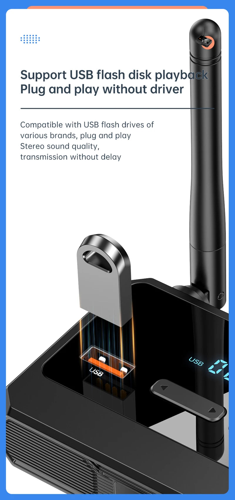 Receptor de audio Bluetooth 5.3 compatible con USB U-Disk Play, adaptador inalámbrico R/L, 2 RCA/3,5 mm AUX/fibra óptica para altavoz de kit de coche.