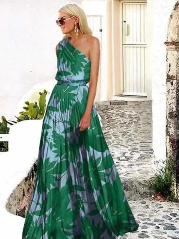 2024 Spring Summer New One Shoulder Dresses Women Splicing Print Off Shoulder Loose Long Dress Fashion Ladies Commuting Vestidos - Lootquake