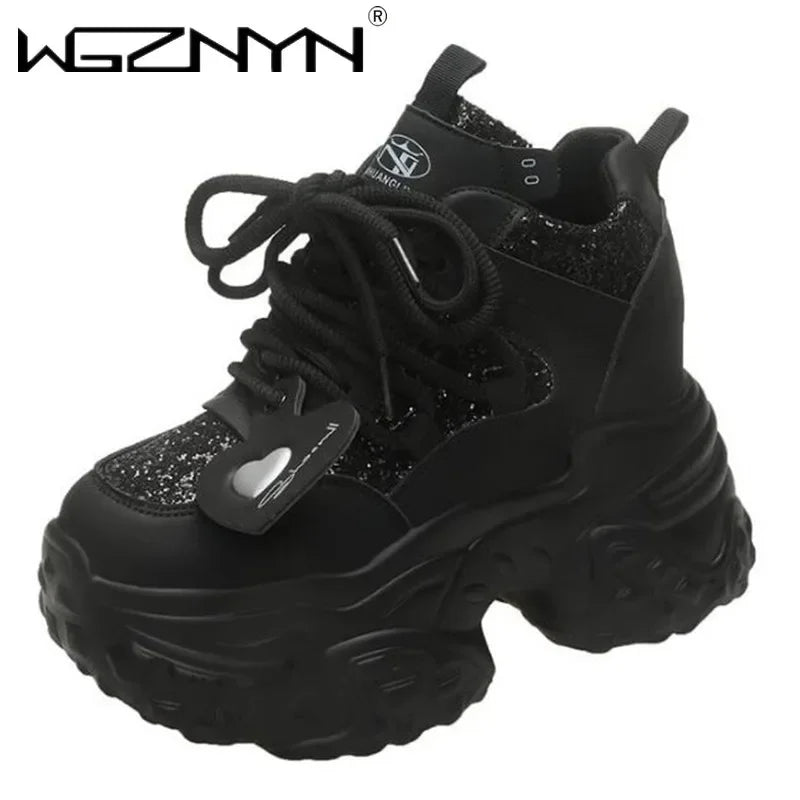 10.5CM Women Casual Platform Sneakers High Heels New Autumn Sports Leather Shoes Bling Trainers Chunky Sneaker Zapatos Mujer - Lootquake