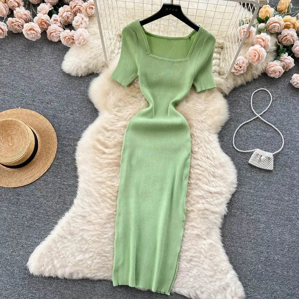 Green 2024 Sexy Summer Knit Short Sleeve Dress Women Squar Collar Waist Bodycon Sundress Female Beach Backless Long Dress - Lootquake