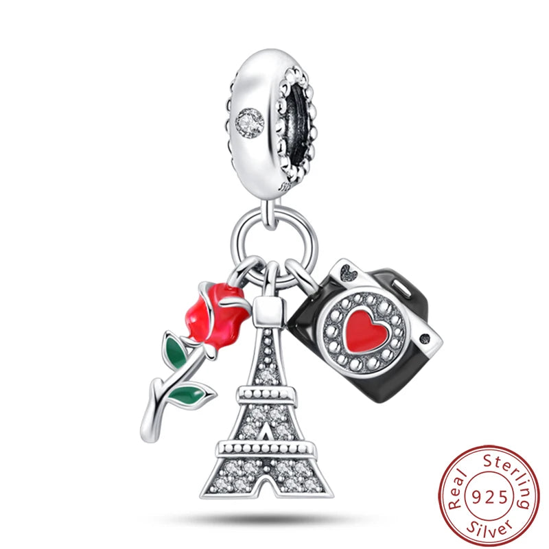 Ensemble de trois breloques en argent sterling S925, perles de 3 mm, motif princesse, golf, hamster, appareil photo, voyage, fabrication de bijoux fins