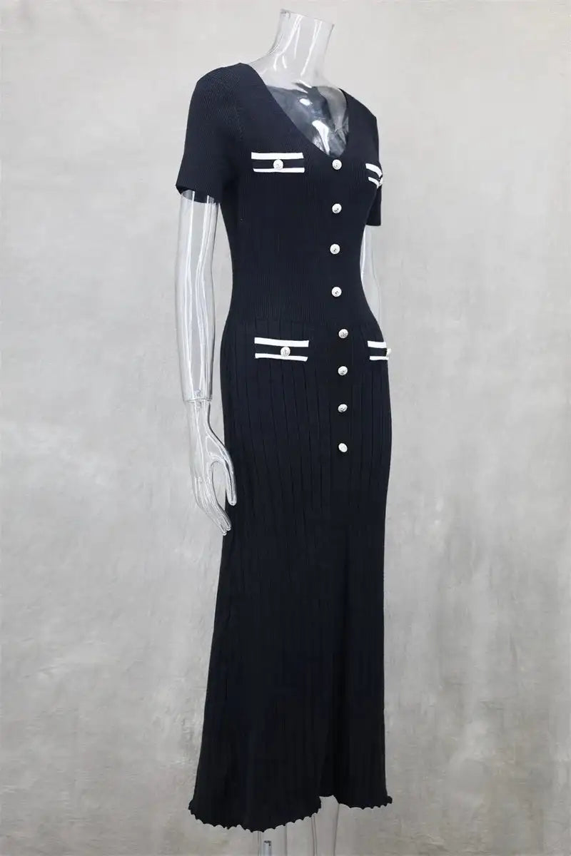 Office Lady Elegant Knitted Long Dress Summer Short Sleelve V Neck Single Breasted Bodycon Dresses Women Party Fashion Vestidos - Lootquake