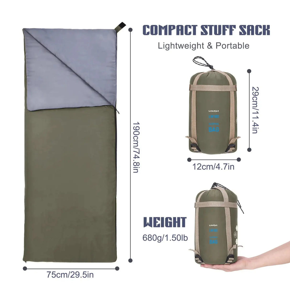 Saco de dormir portátil para exteriores Lixada de 190 x 75 cm, para acampar, viajar, senderismo, multifunción, ultraligero, 680 g, para mochileros.
