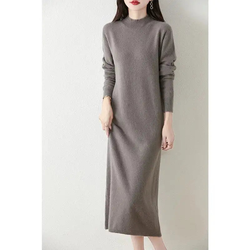 Autumn Winter Women's Wool Long Dress Cashmere Mock Neck Pullover Sweater 100% Merino Wool Soft Knitwear OL Simple Basic Dress - Lootquake
