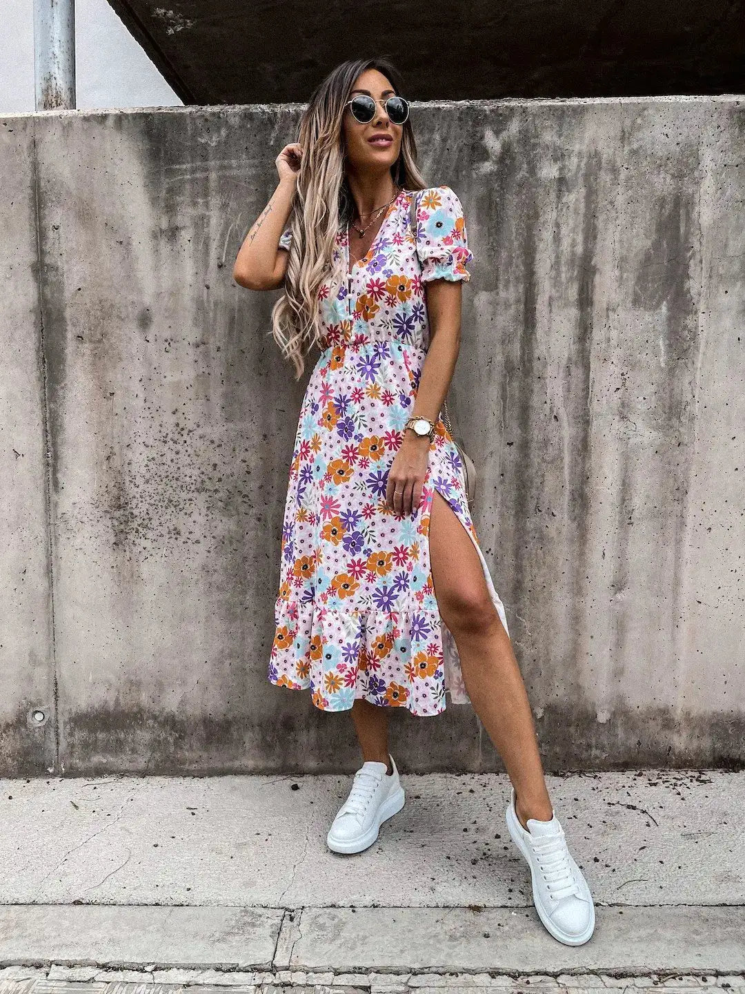 Summer Floral Print Dress Women V Neck Side Slit Long Dress Elegant Short Sleeve Button Slim Spring Female Party Dress Vestidos - Lootquake