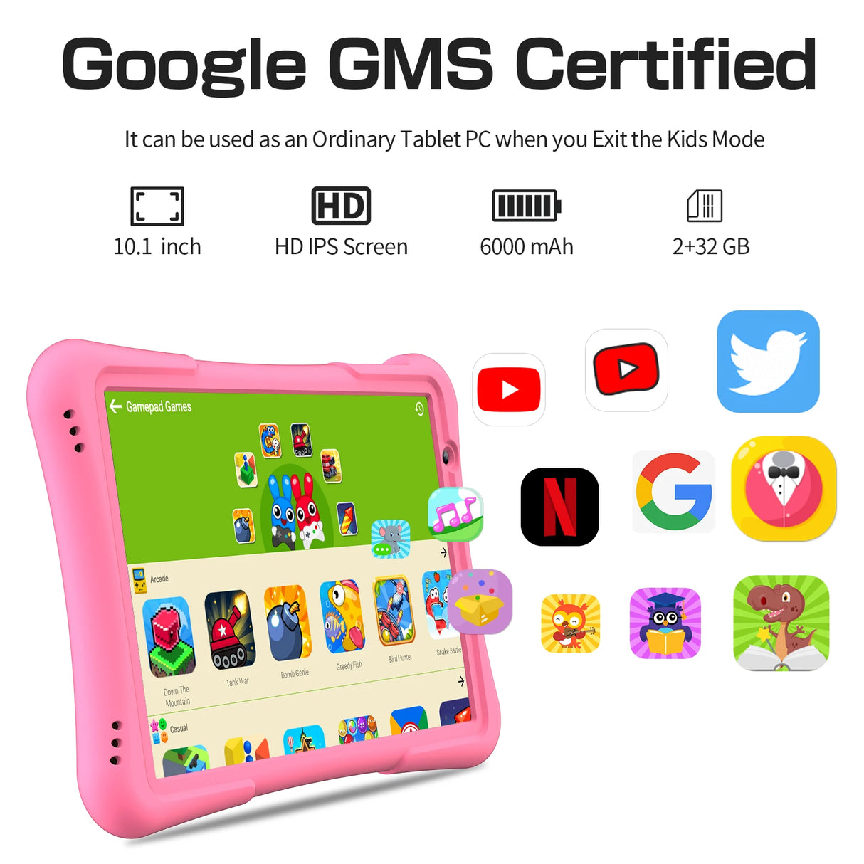 Tablette enfant PRITOM 10 pouces Android 12, 32 Go, Quad-Core, 6000 mAh, grand écran IPS HD, WiFi 6, double caméra, Bluetooth,