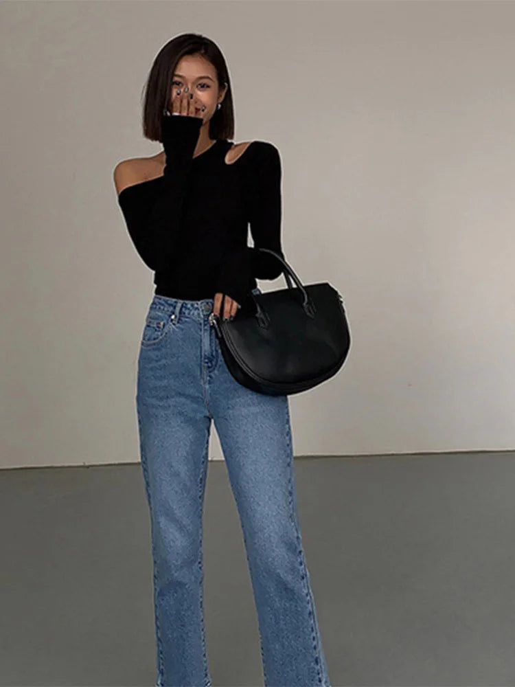 Fashion Skew Collar Off-shoulder Long-sleeved T-shirts Women Spring 2025 New Solid Slim Fit Crop Top Sexy Hollow Out Tees Shirts - Lootquake