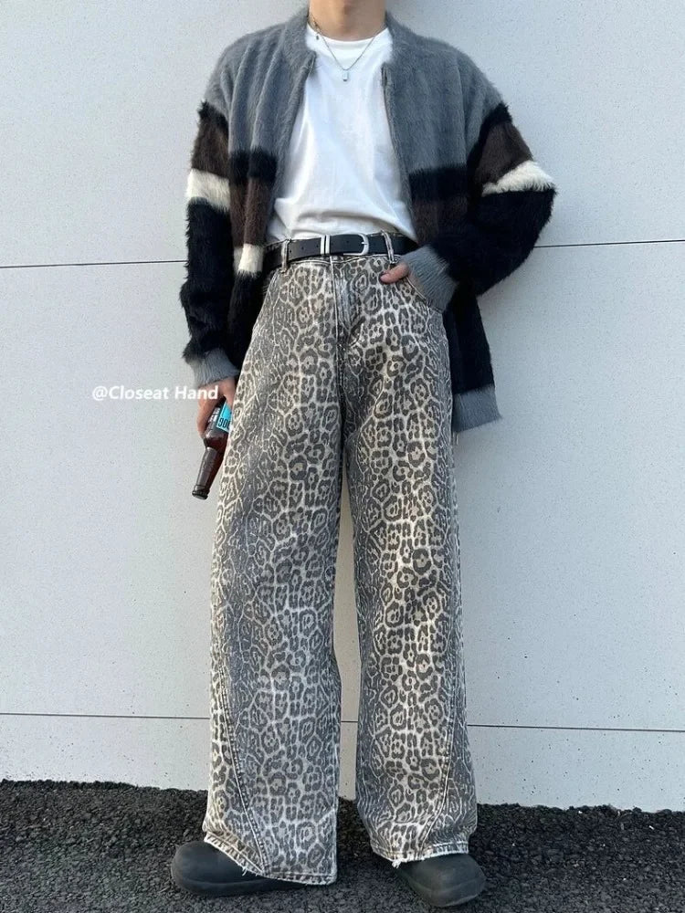 Women's American Vintage Leopard Print Washed Thin Jeans Street Casual Neutral Style DenimTrousers High Waist Straight Pants - Lootquake