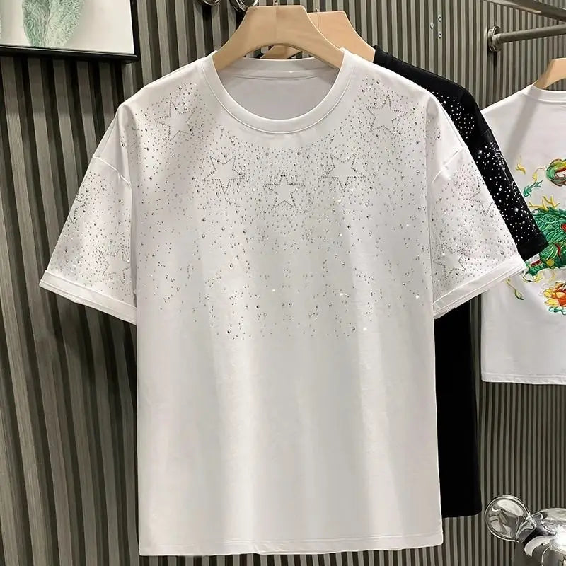 Summer Rhinestone Rivet T-shirt for Men Clothing Round Neck Casual T-shirt Fashion High Street 2024 Men's Summer Short Sleeves - Lootquake