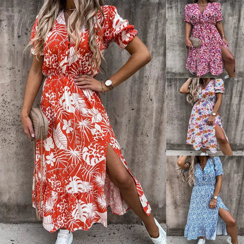 Summer Floral Print Dress Women V Neck Side Slit Long Dress Elegant Short Sleeve Button Slim Spring Female Party Dress Vestidos - Lootquake