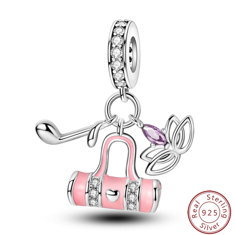 Ensemble de trois breloques en argent sterling S925, perles de 3 mm, motif princesse, golf, hamster, appareil photo, voyage, fabrication de bijoux fins