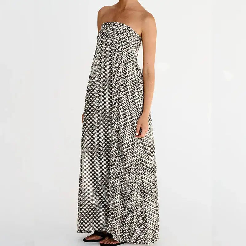 Fashion Strapless High Waisted Long Dress Women Casual Off Shoulder Pleated Bohemian Dress Elegant Pattern Printed Holiday Dress - Lootquake