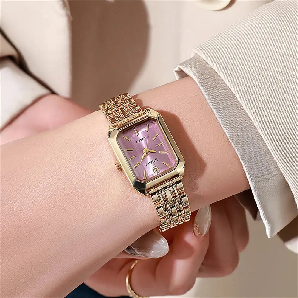 Luxury Ladies Fashion Quartz Watch Simple Scale Square Quality Gold Plated Women Watches Business Stainless Steel Folding Clock - Lootquake
