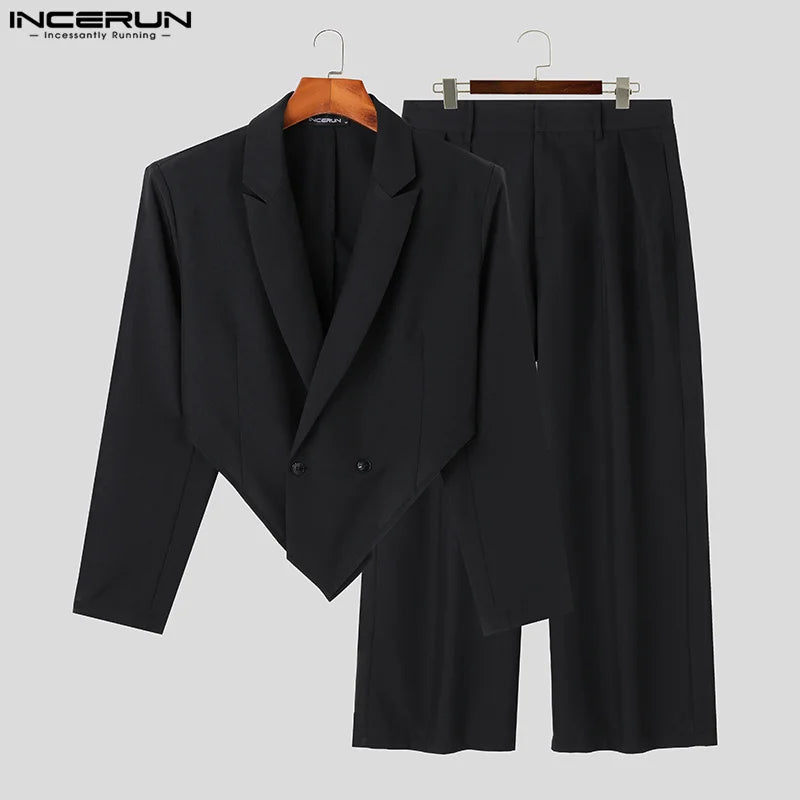 INCERUN 2023 Men Sets Solid Color Autumn Lapel Long Sleeve Irregular Blazer & Pants 2PCS Streetwear Fashion Men's Casual Suits - Lootquake