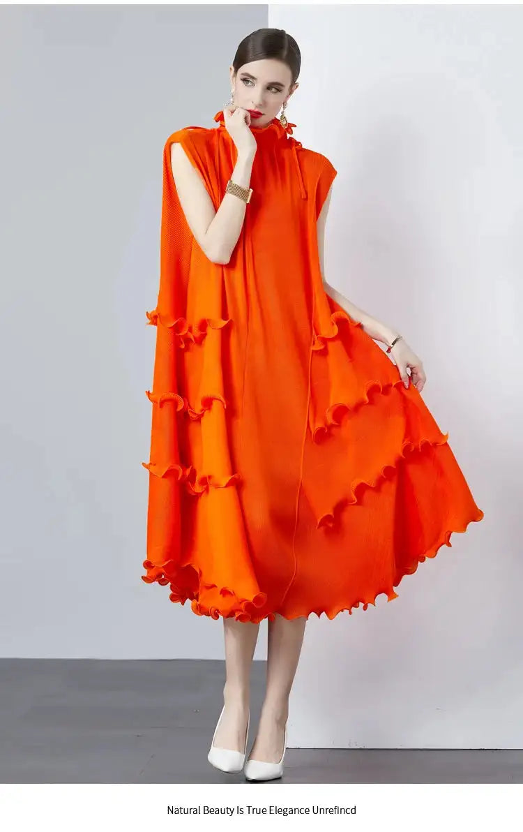 Miyake Pleated Shoulder Bag Heavy Industry Wood Ear Edge Pleated Lace-up Belt Long Dress Stand Collar Plus Size Women's Clothing - Lootquake