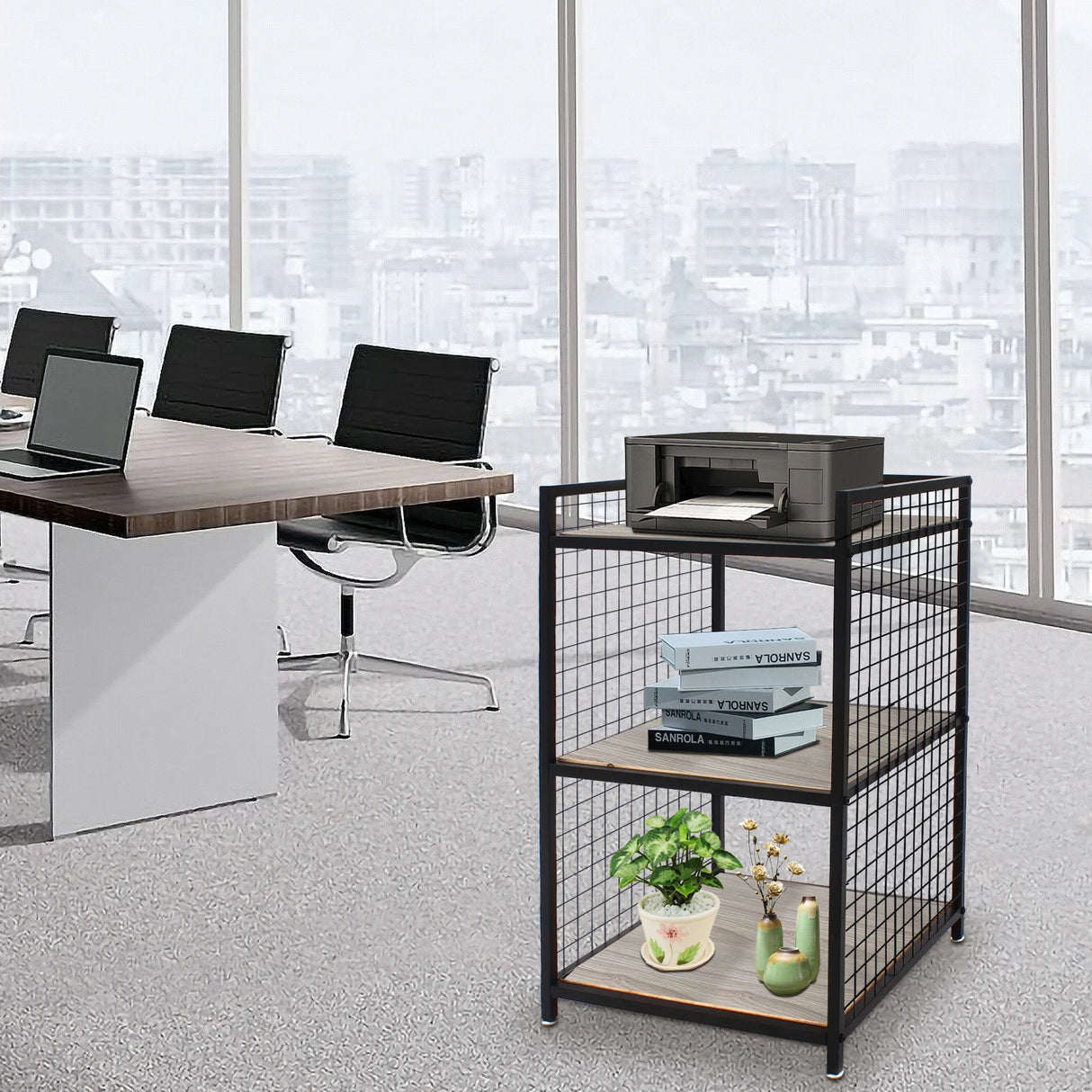Support d'imprimante à 3 niveaux en bois massif et fer, capacité de 20 kg, design compact, idéal pour le rangement au bureau et à la maison, durable et élégant