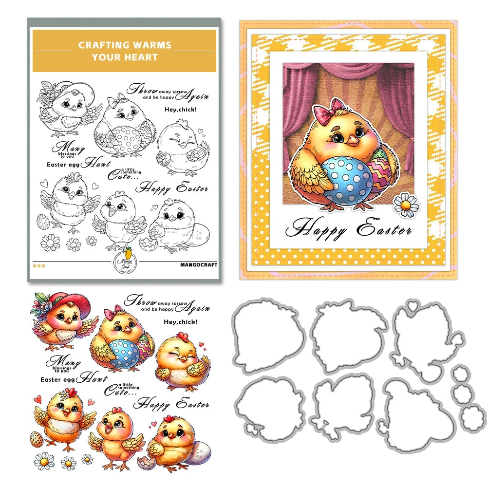 Mangocraft Easter Cartoon Chickens Cutting Dies Clear Stamp DIY Scrapbooking Metal Dies Silicone Stamp For Cards Albums Decor - Lootquake
