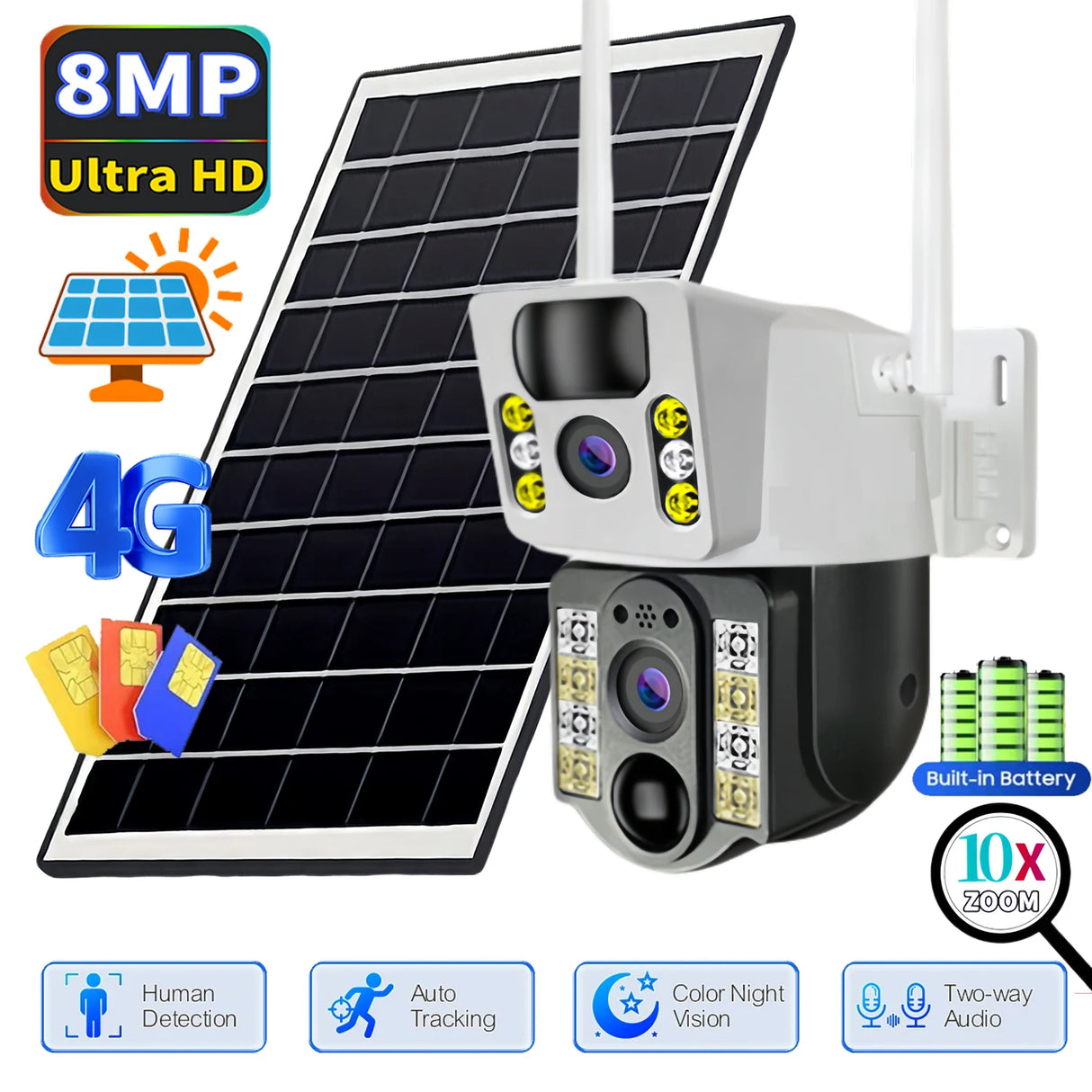 Cámara solar 4K con tarjeta SIM 4G, lente dual, 8MP, HD, visión nocturna, IP, CCTV, vigilancia, PTZ, PIR, detección humana, alarma, cámara impermeable
