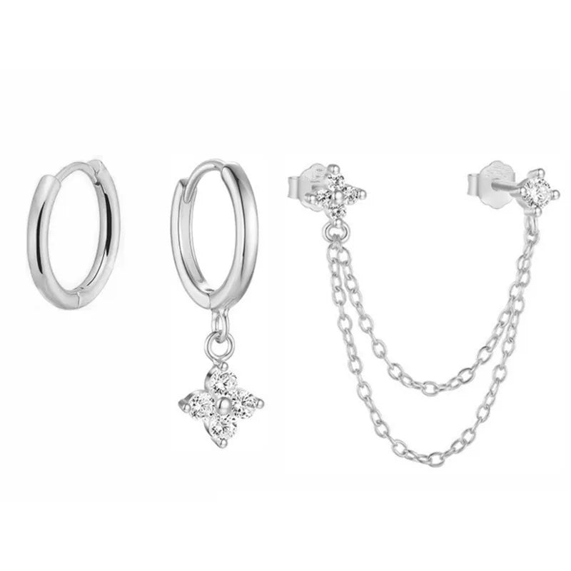 3PCS New Fashion Four Zircon Flower Hoop Earring Set For Women Stainless Steel Double Stud Chain Tassel Huggie Piercing Jewelry - Lootquake