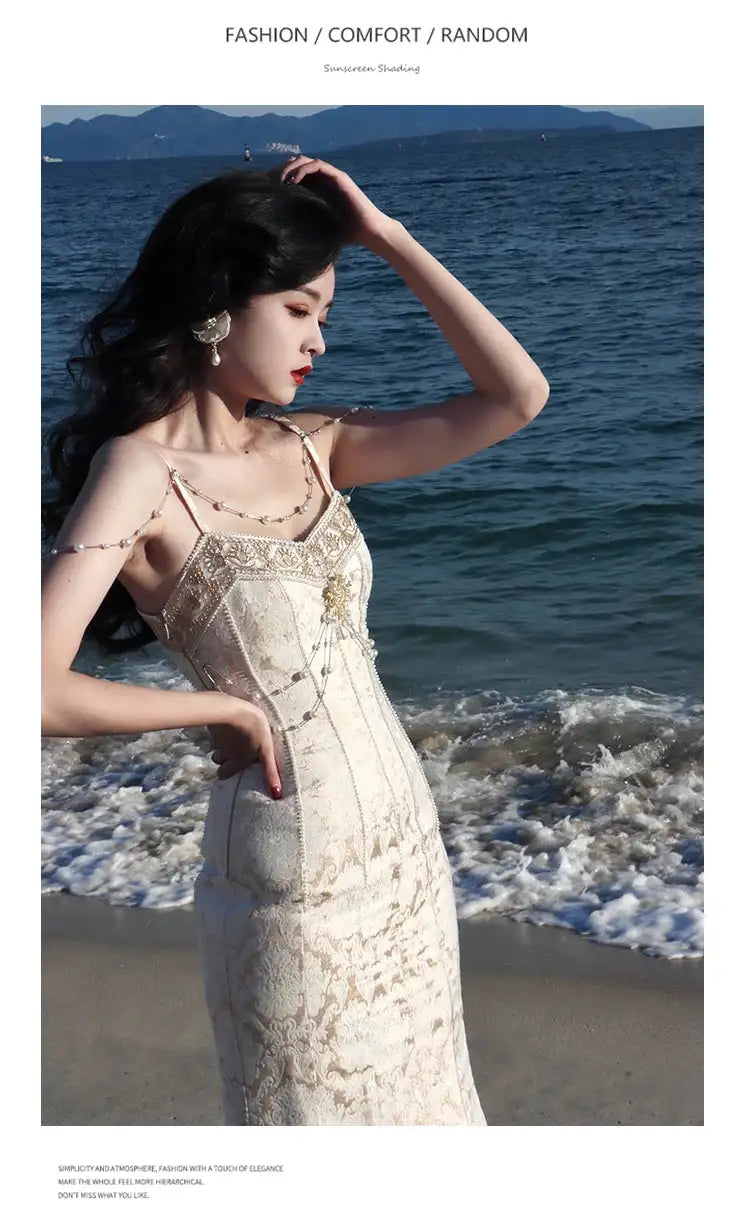 Summer Women Gorgeous Party Mermaid Prom Dress Spaghetti Strap Pearl Beading Ruffles Dress Feminine Backless Trumpet Long Dress - Lootquake