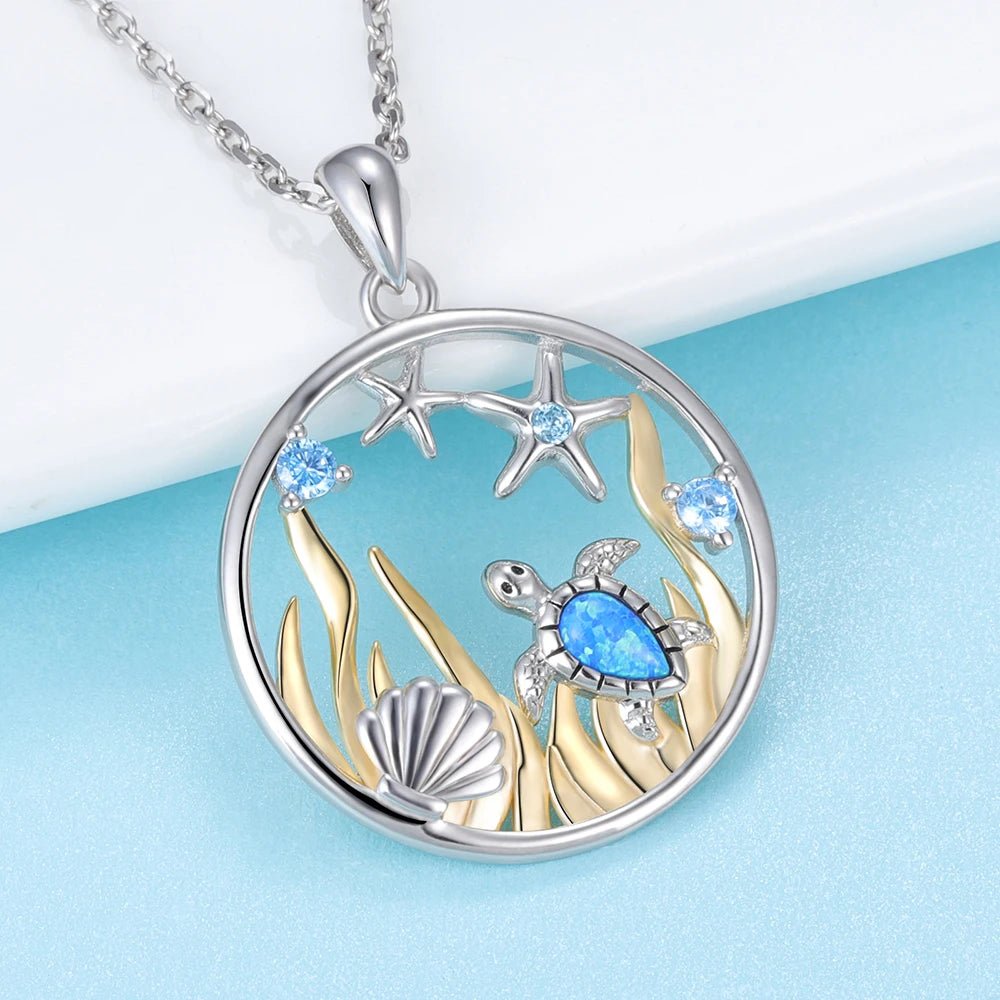 925 Sterling Silver Opal Sea Turtle Starfish Necklace Ocean Beach Necklace Mother Daughter Pendant Animal Jewelry Gift for Women - Lootquake