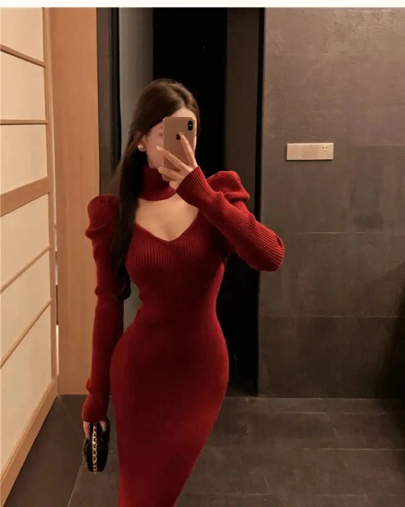YuooMuoo Chic Fashion Elegant Knitted Long Dress with Neck Scarf 2024 Autumn Winter Ribbed Office Lady Bodycon Sweater Vestidos - Lootquake