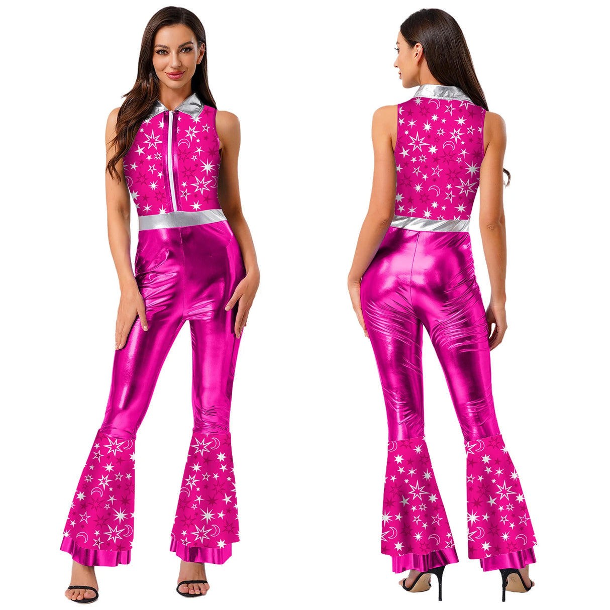 Womens Halloween Retro Hippie Cosplay Costume Party Hip-hop Dance Costume Metallic Shiny Vintage Carnival Bodysuit Jumpsuit
