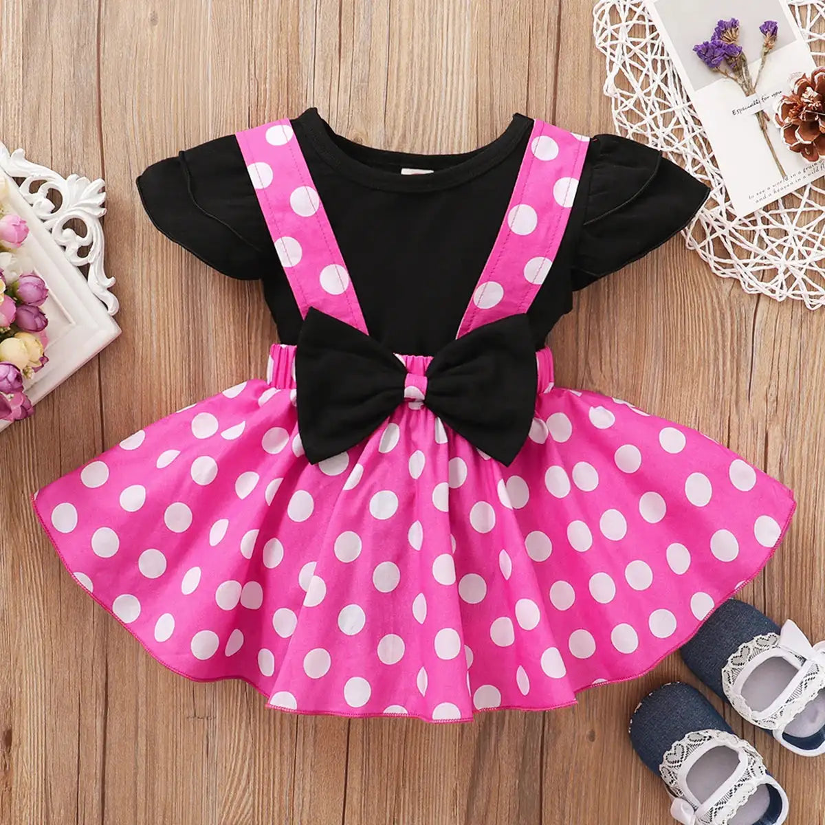 Toddler 1-5 Year Old Girl Round Neck Flying Sleeve Top+Dot Bow Strap Skirt Piece Suitable for Travel and Travel Girl Summer Set - Lootquake