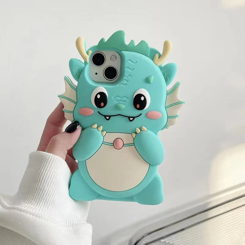 Funda para teléfono con diseño de dinosaurio grande de dibujos animados en 3D kawaii