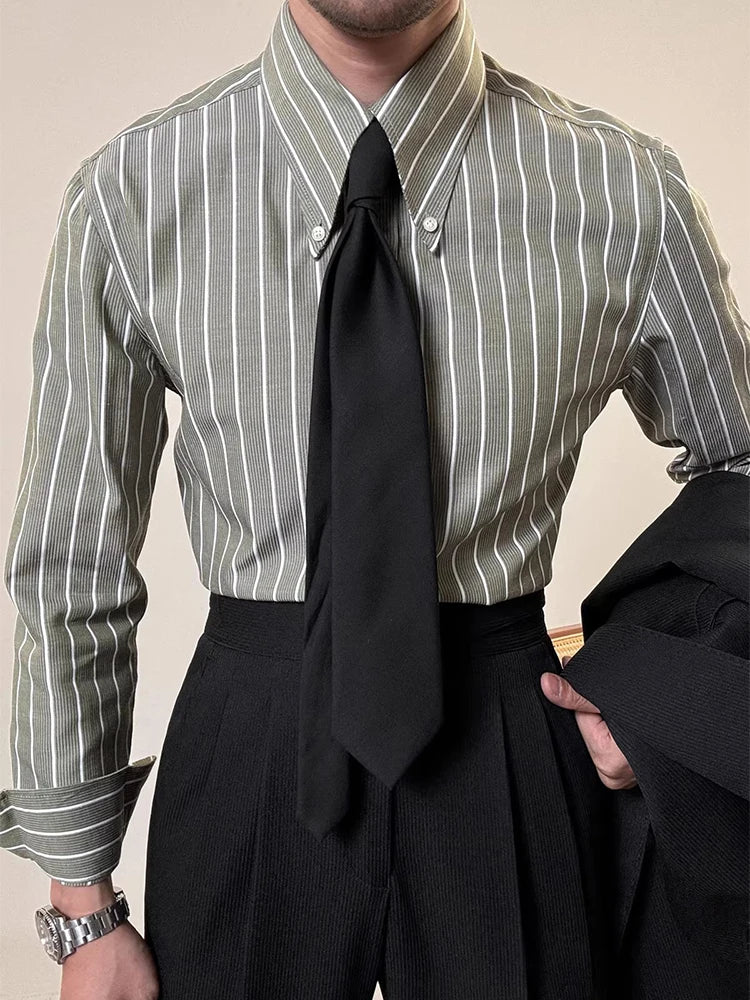 Vintage Striped Printed Slim Shirts Mens Casual Long Sleeve Lapel Buttoned Shirt 2025 Spring Fall Mens Shirt Naple Style Clothes