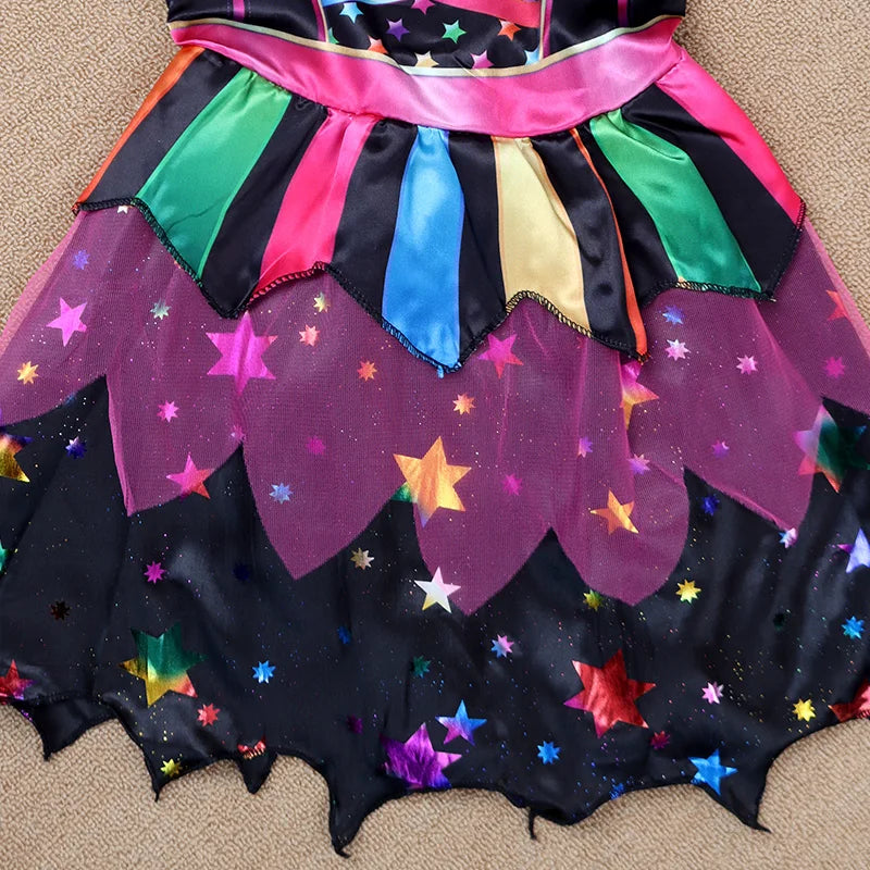 Halloween Children's Witch Dress - Comes with Hat, Halloween Role Playing Costume,Colorful Star Pattern Printed Carnival Costume