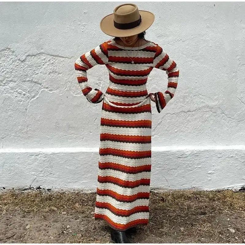 Striped Knitted Long Dress Women O-neck Backless Hollowed Out Long Sleeves Lady Bodycon Dress 2024 Spring Summer Vacation Robe - Lootquake