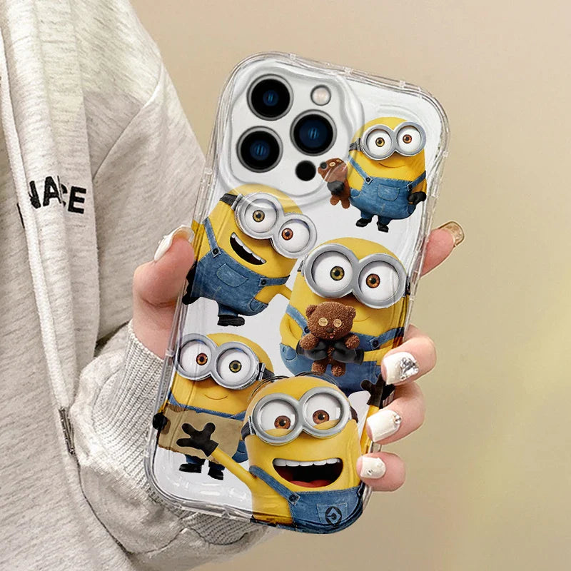 Bonita funda para teléfono con dibujos de Minions y olas