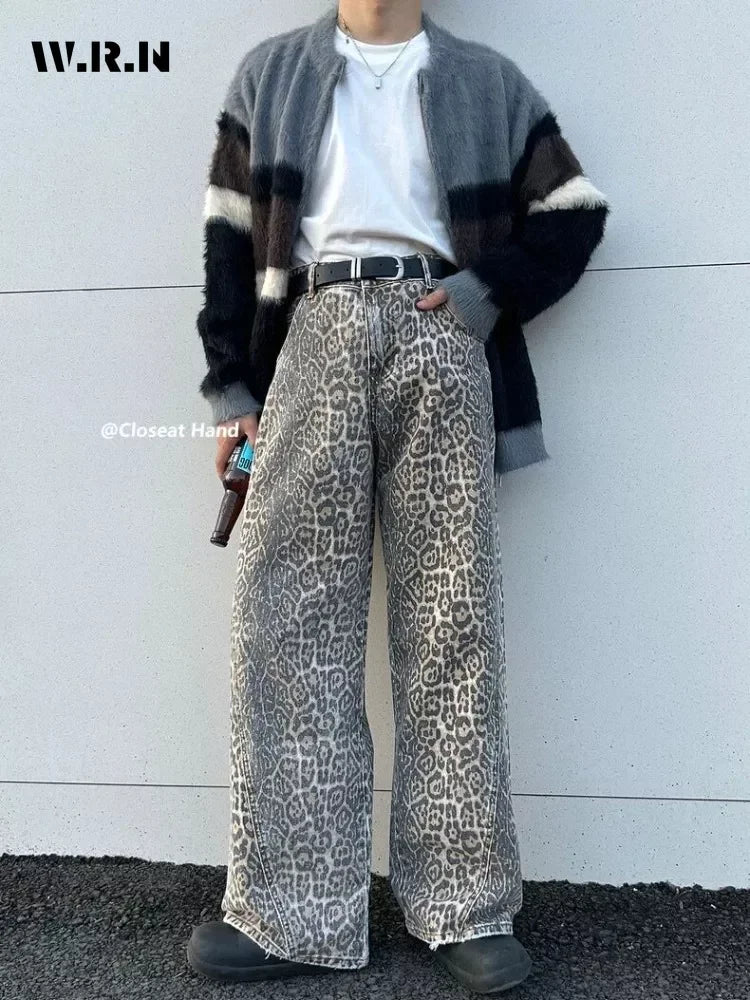 Women's American Vintage Leopard Print Washed Thin Jeans Street Casual Neutral Style DenimTrousers High Waist Straight Pants - Lootquake