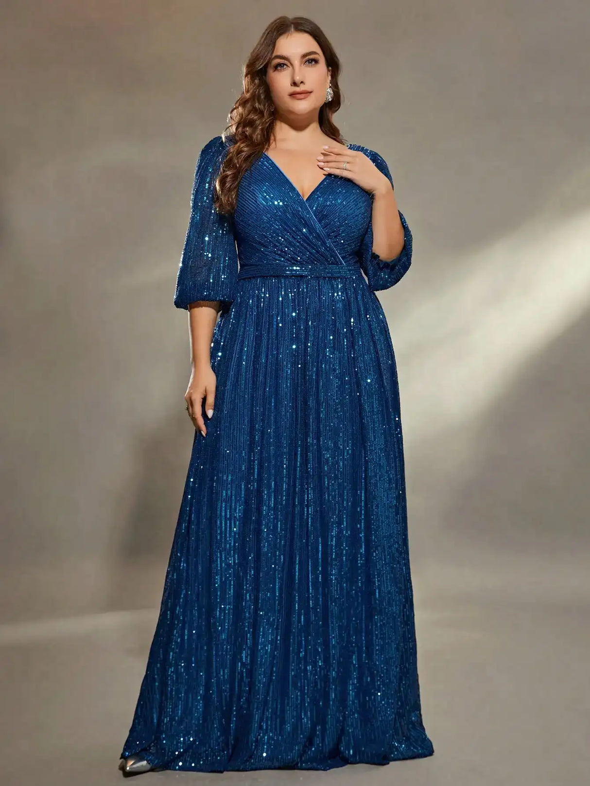 Mgiacy plus size V-neck bust pleated mid-long sleeve A-frame sequin long dress Evening gown PROM dress Party dress - Lootquake