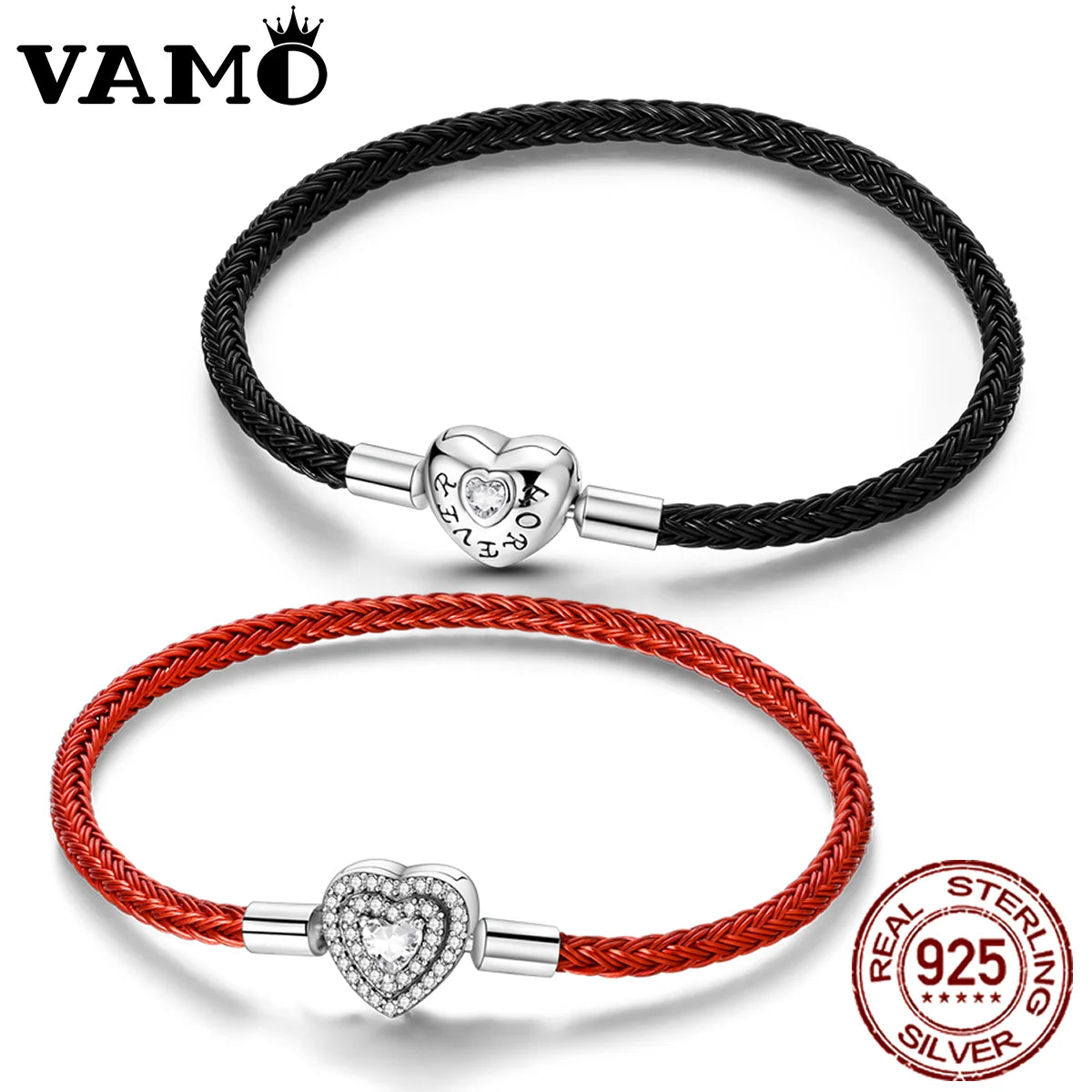 VAMO Original Sparking Zircon Heart Bracelet Real 100% 925 Sterling Silver Fit Brand Charm Beads Fashion Women Bracelet Jewelry - Lootquake