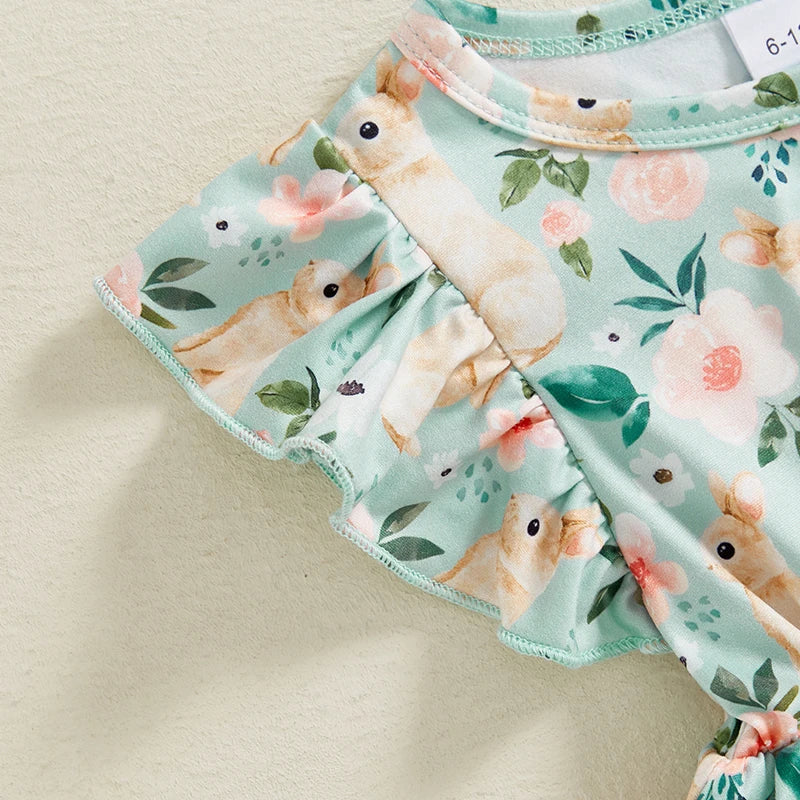 Baby Girl Easter Outfit Pink Floral Print Ruffle Sleeve Round Neck A-Line Dress for Spring and Summer Celebrations - Lootquake